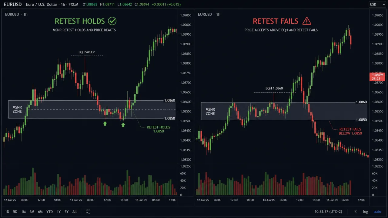EQH and EQL in MSNR: Reading Liquidity Above and Below a Zone Two-panel EURUSD chart showing MSNR retest holds versus retest fails after an EQH sweep