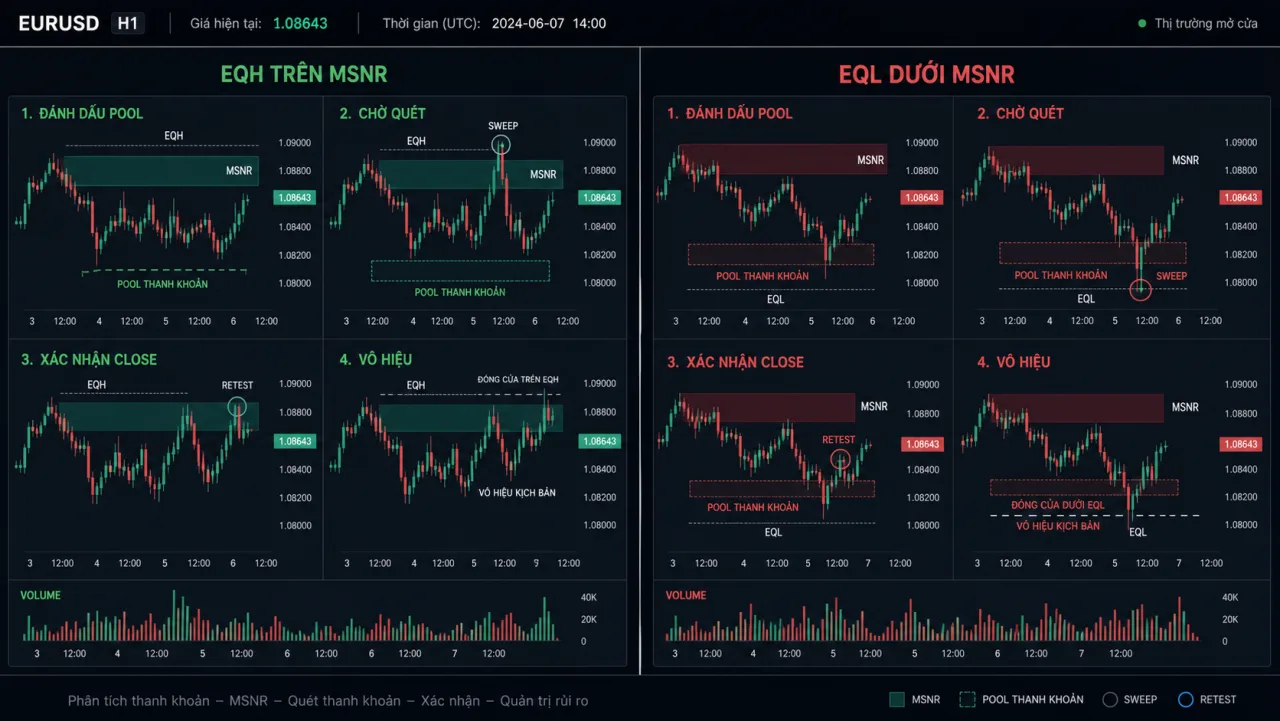 EQH và EQL trong MSNR: Đọc thanh khoản bên trên và bên dưới vùng Workflow chart for EQH above and EQL below MSNR zones: map, sweep, confirm and invalidate