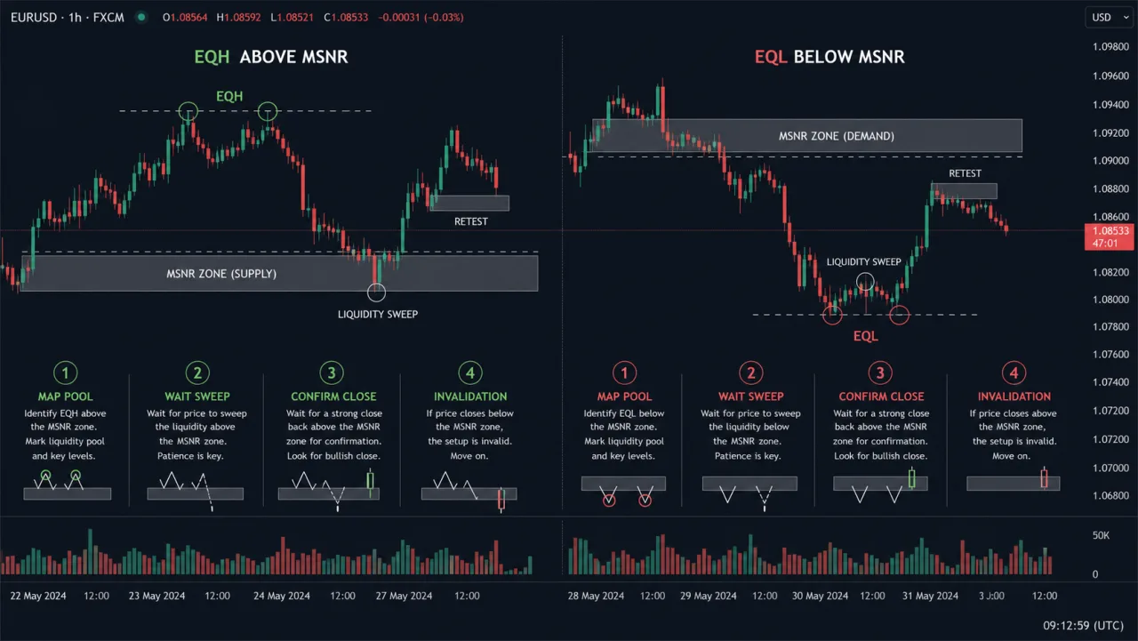 EQH and EQL in MSNR: Reading Liquidity Above and Below a Zone Workflow chart for EQH above and EQL below MSNR zones: map, sweep, confirm and invalidate
