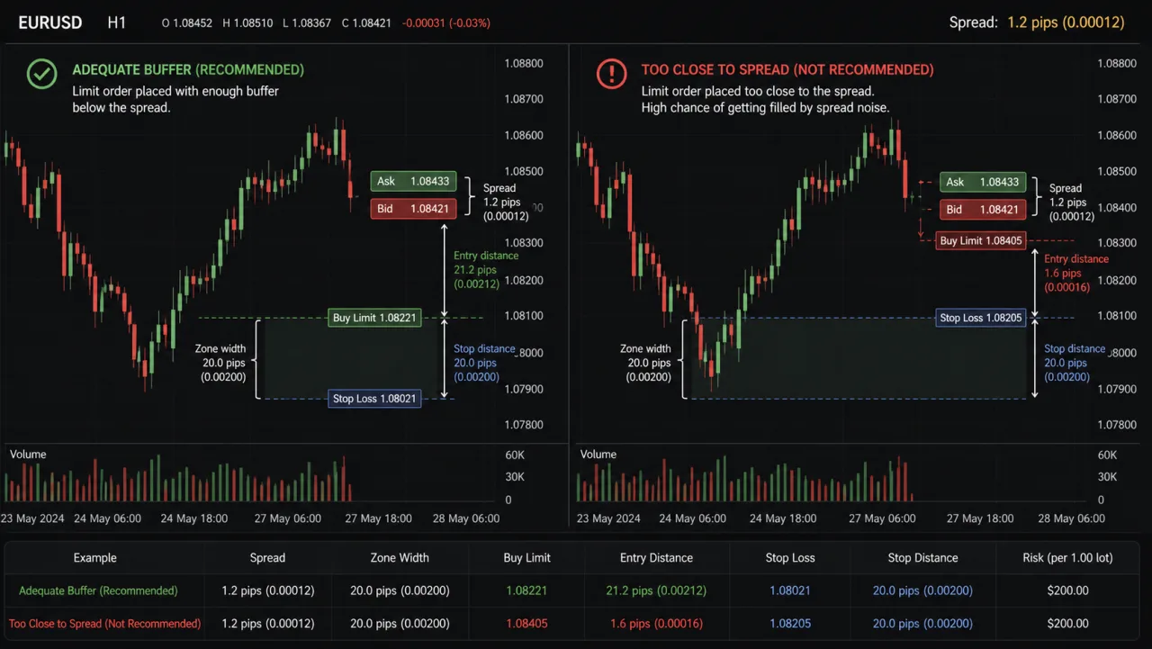 MSNR Limit Entry: Conditions, Buffer and Risk EURUSD chart comparing a buffered limit order with one too close to spread