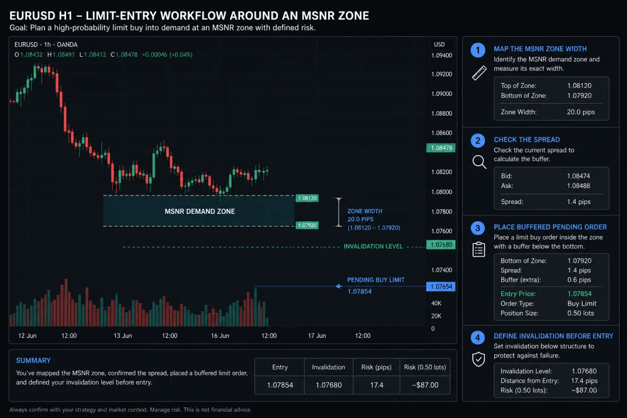 MSNR Limit Entry: Conditions, Buffer and Risk EURUSD H1 workflow for MSNR limit entry: zone width, spread, buffer and invalidation