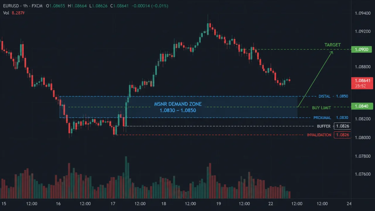 MSNR Limit Entry: Conditions, Buffer and Risk EURUSD H1 MSNR demand zone showing buy limit, buffer, invalidation and target