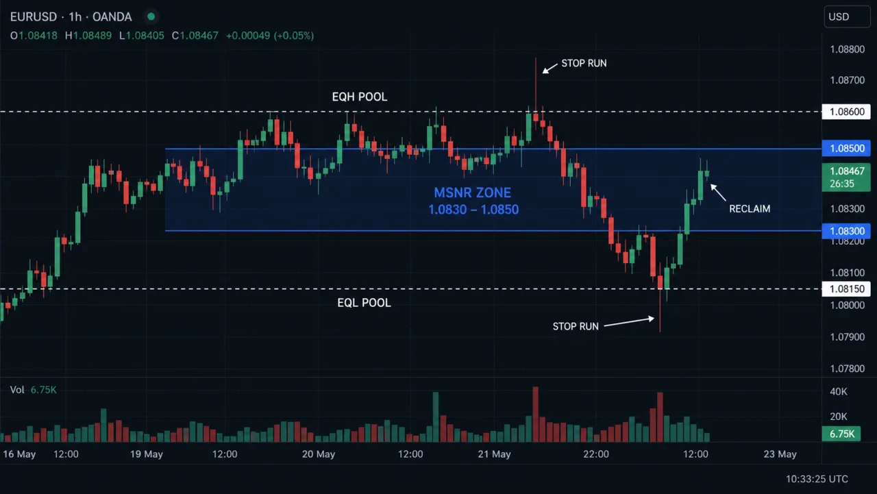 Liquidity Sweeps Around MSNR Zones: Confirmation and Failure EURUSD H1 chart showing MSNR zone with EQH and EQL liquidity pools, stop runs and reclaim