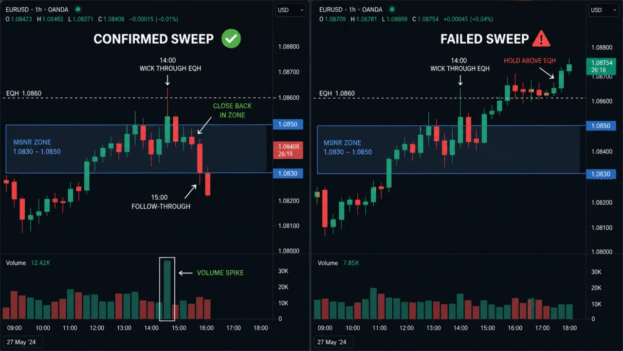 Liquidity Sweeps Around MSNR Zones: Confirmation and Failure Two-panel EURUSD chart comparing confirmed and failed liquidity sweeps around an MSNR zone