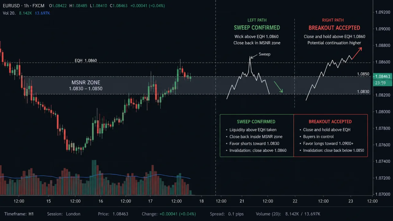 Liquidity Sweeps Around MSNR Zones: Confirmation and Failure EURUSD H1 chart comparing a confirmed MSNR liquidity sweep with an accepted breakout