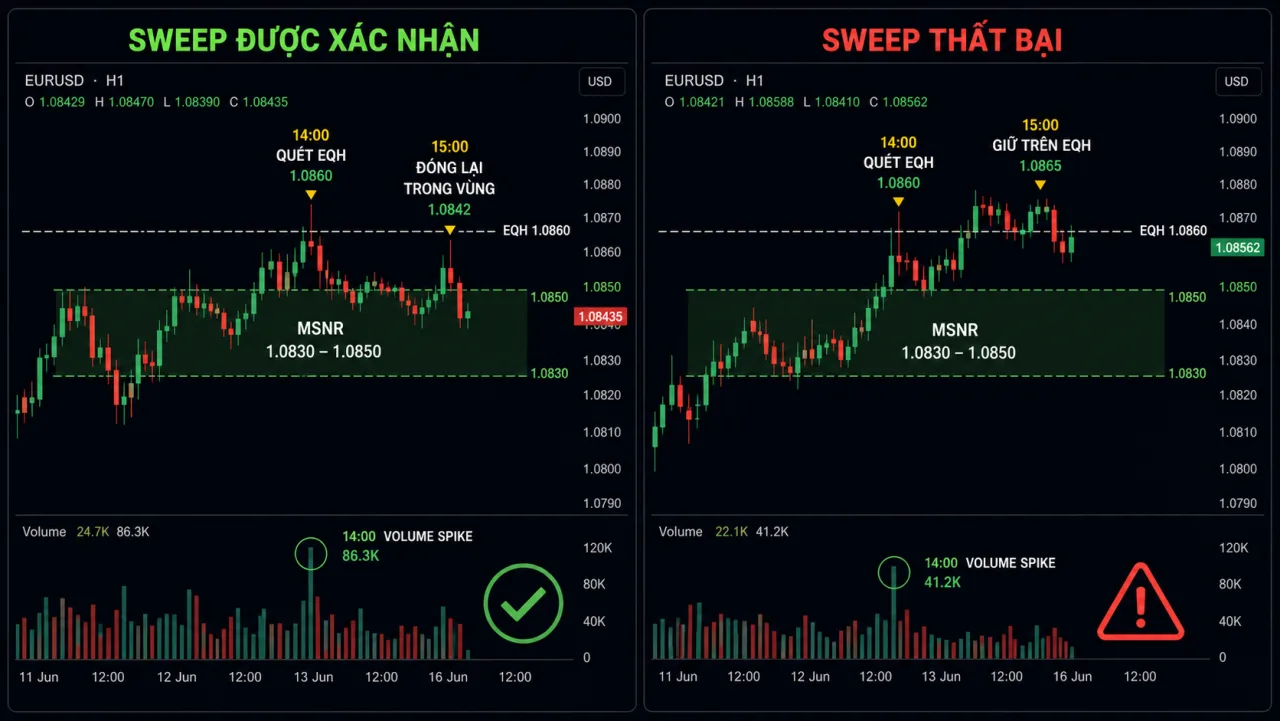 Liquidity Sweep quanh vùng MSNR: Cách xác nhận và tránh bẫy Two-panel EURUSD chart comparing confirmed and failed liquidity sweeps around an MSNR zone