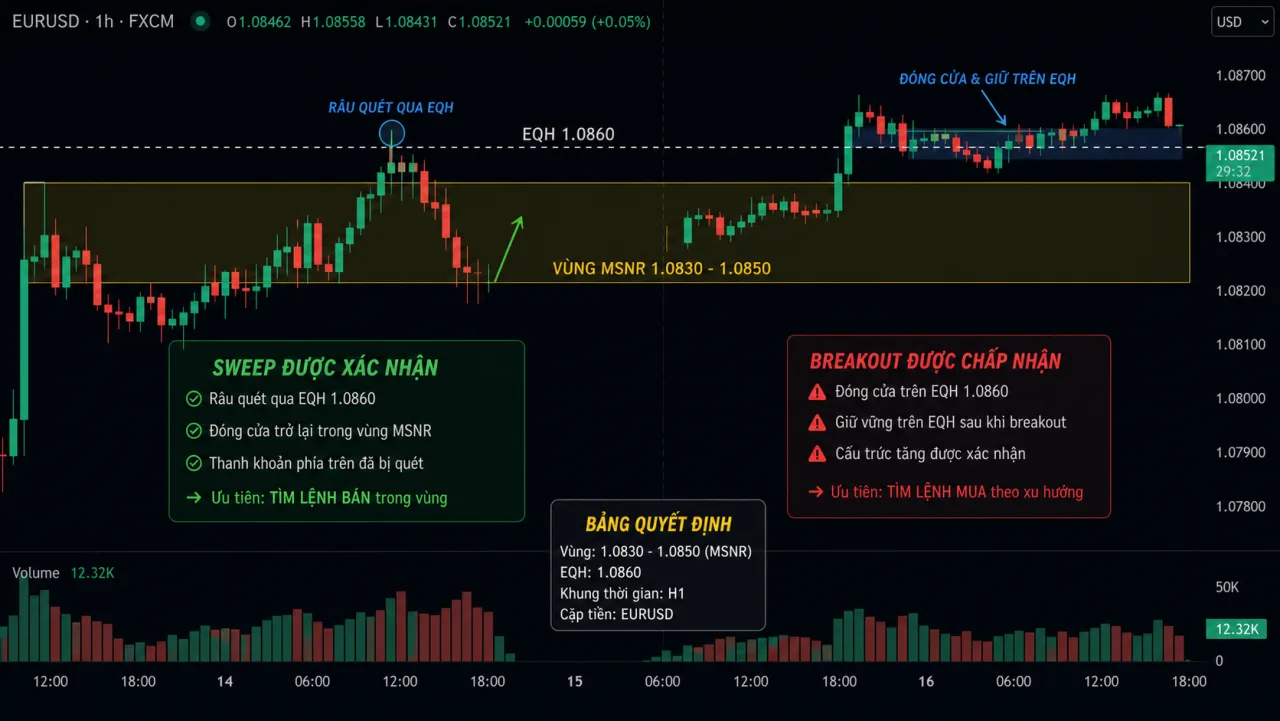Liquidity Sweep quanh vùng MSNR: Cách xác nhận và tránh bẫy Biểu đồ EURUSD H1 so sánh sweep được xác nhận và breakout được chấp nhận quanh MSNR