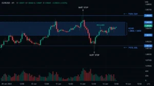 Biểu đồ EURUSD H1 với vùng MSNR, pool EQH và EQL, quét stop và reclaim