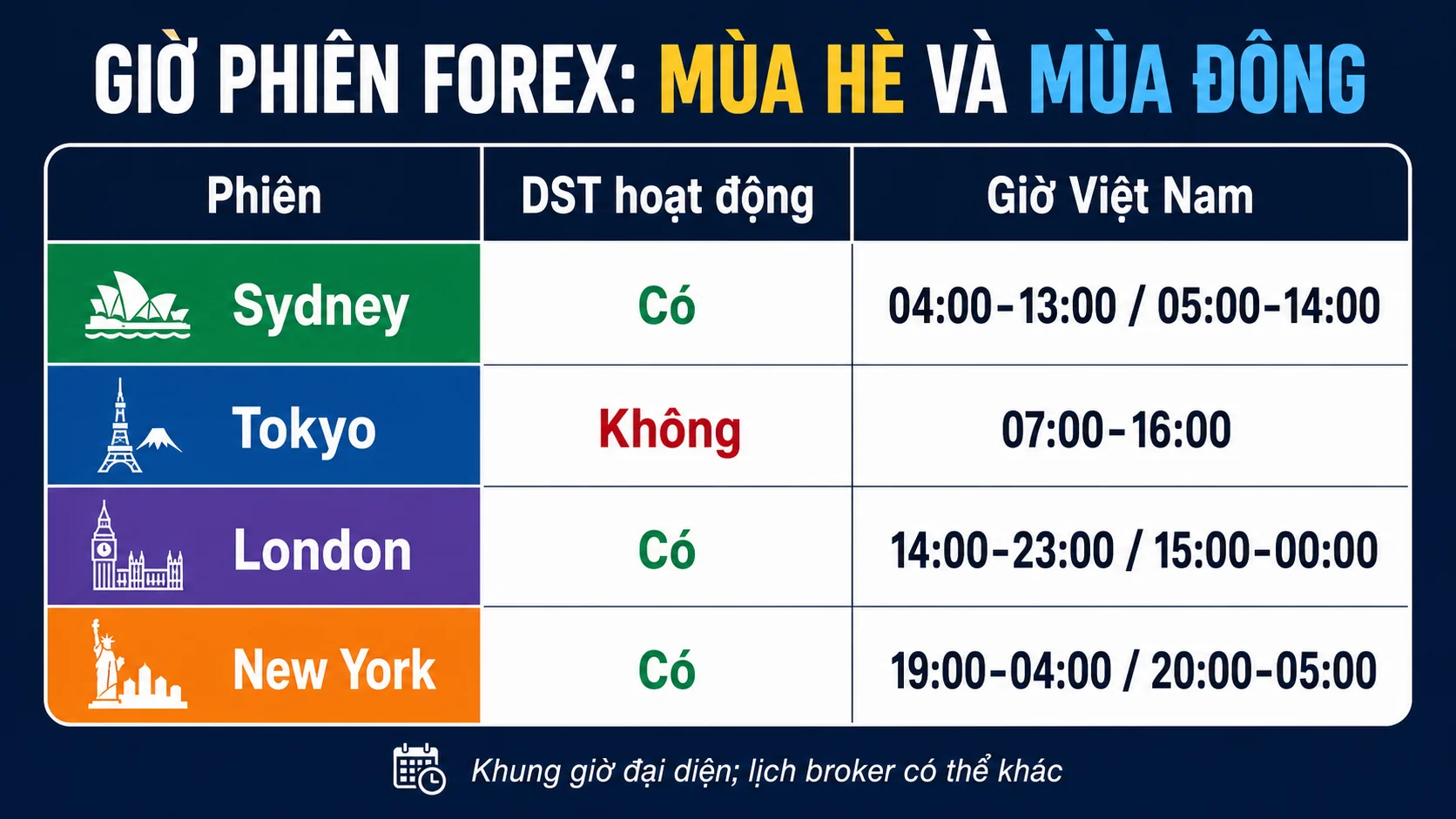Các phiên giao dịch Forex theo giờ Việt Nam: Sydney đến New York Giờ phiên Forex mùa hè và mùa đông theo giờ Việt Nam