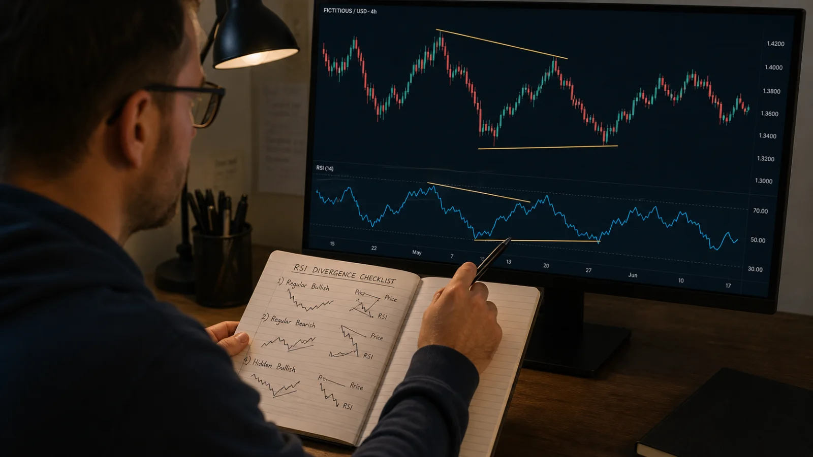 RSI Divergence: Regular vs Hidden Signals Explained Trader aligning price pivots with RSI pivots on a fictional chart