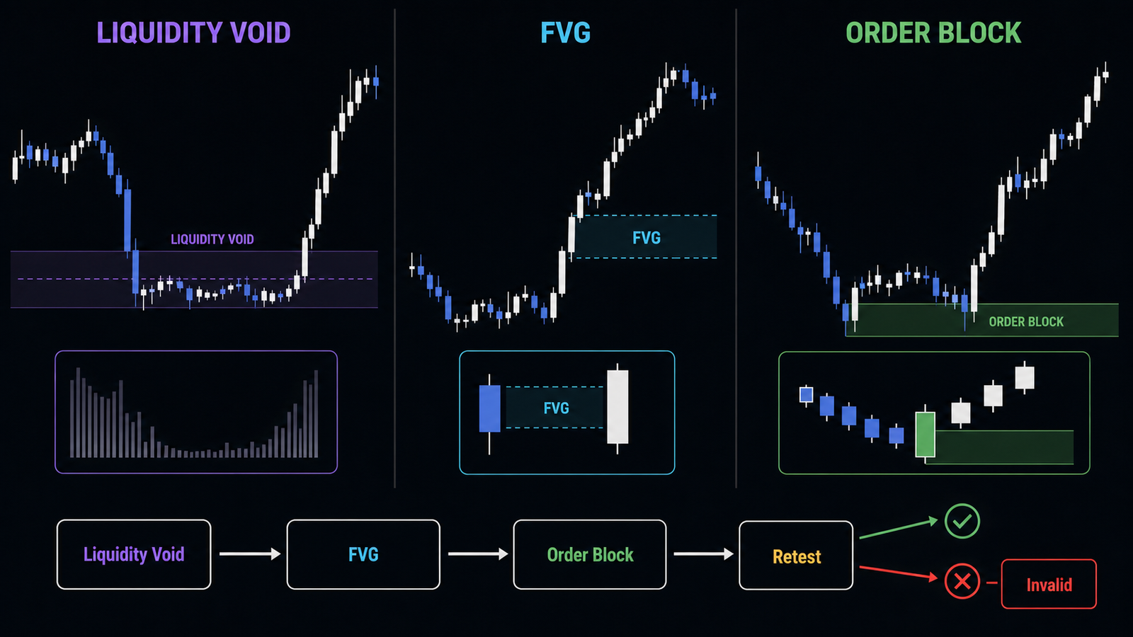 Liquidity Void vs FVG vs Order Block: A Practical Comparison So sánh Liquidity Void, FVG và Order Block trên biểu đồ nến