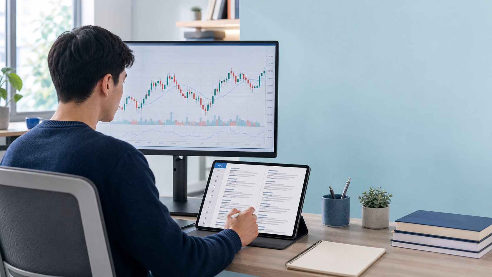 Trading Glossary A–Z: Forex, Risk and Technical Analysis Terms Trader using an A–Z glossary beside a realistic candlestick chart