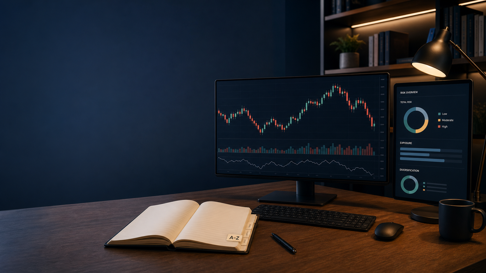 Bách khoa Thuật ngữ Trading A–Z: Forex, PTKT và Rủi ro Không gian học trading với biểu đồ và sổ tra cứu thuật ngữ A–Z