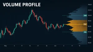 Volume Profile beside a candlestick chart with POC VAH and VAL marked