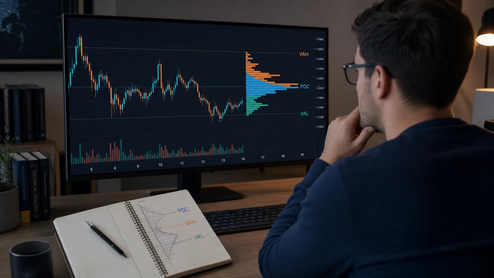 Volume Profile: How to Read POC, VAH and VAL Trader reviewing POC VAH and VAL on a fictional Volume Profile chart