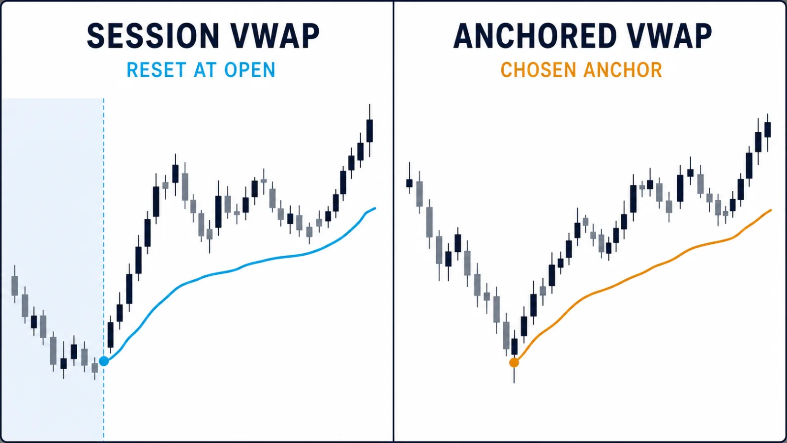 VWAP Trading Guide: Session, Anchored and Bands Session VWAP reset at the open compared with Anchored VWAP from a chosen swing low