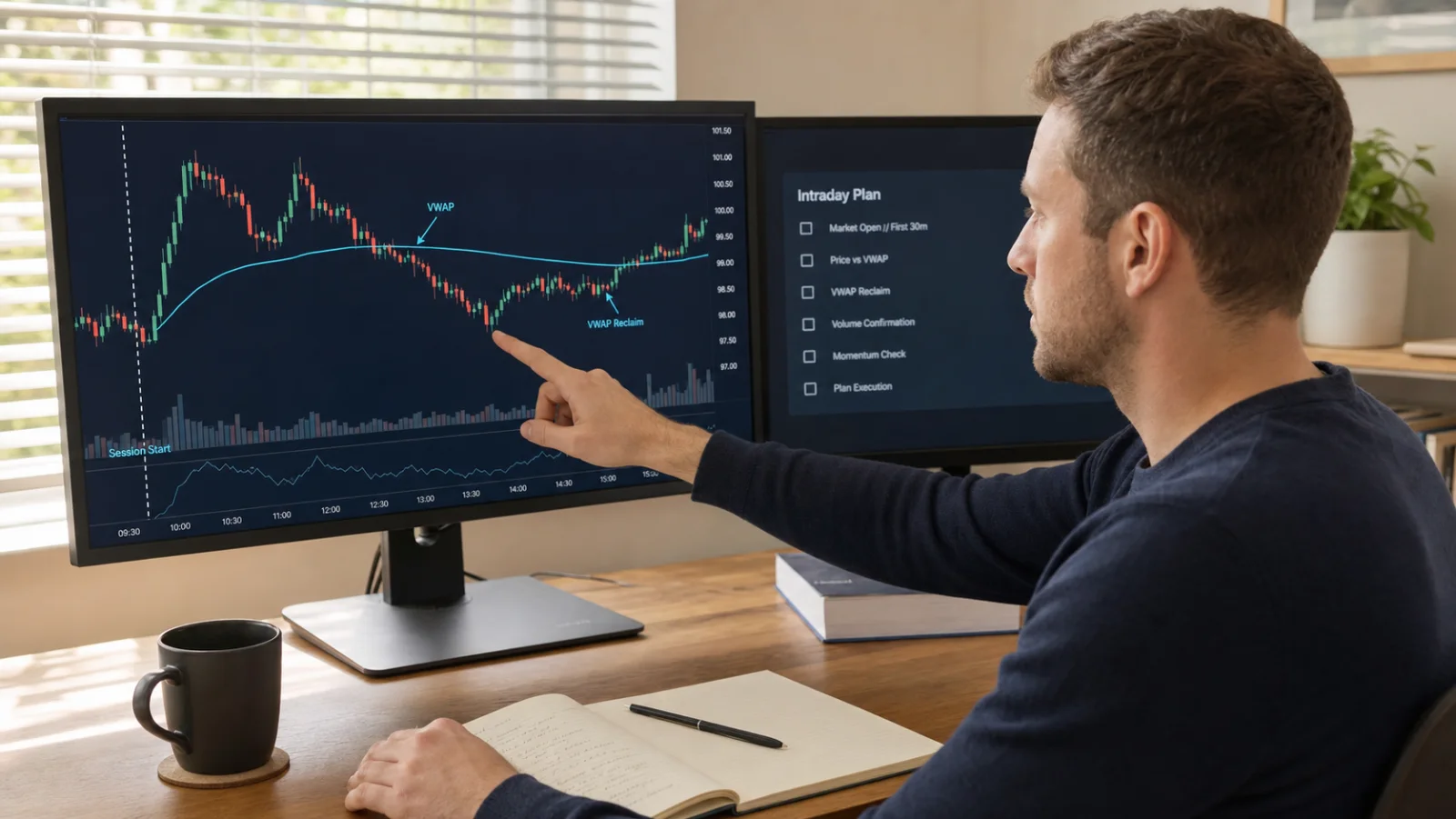 VWAP Trading Guide: Session, Anchored and Bands Trader reviewing a fictional intraday VWAP reclaim with a written checklist