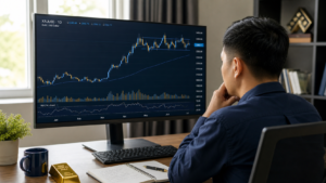 Trader phân tích biểu đồ XAUUSD trong không gian làm việc