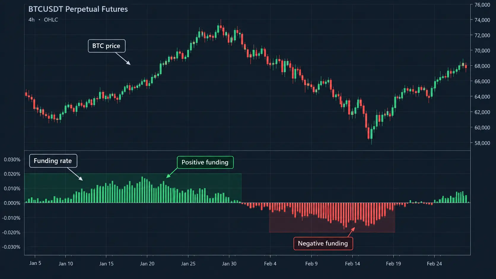 Crypto Funding Rate Explained: Payments, Context and Risks BTCUSDT perpetual chart illustrating positive and negative funding over time with price and funding-rate panels