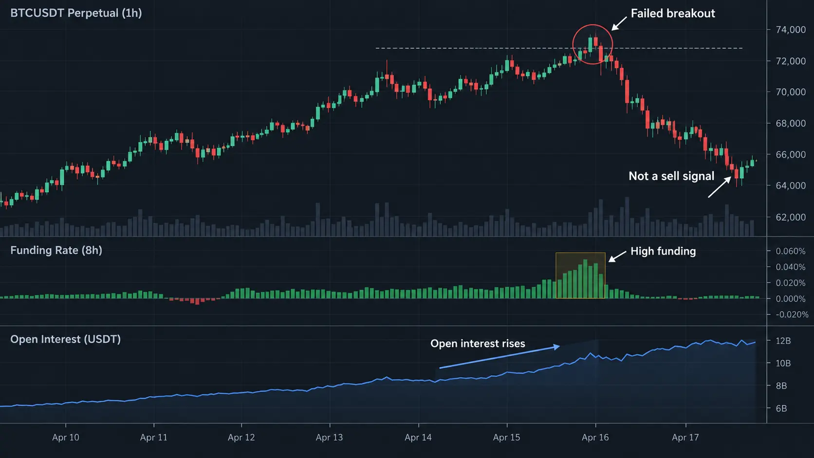 Crypto Funding Rate Explained: Payments, Context and Risks Annotated BTCUSDT perpetual chart showing high funding, rising open interest, a failed breakout and pullback with a circled failure zone
