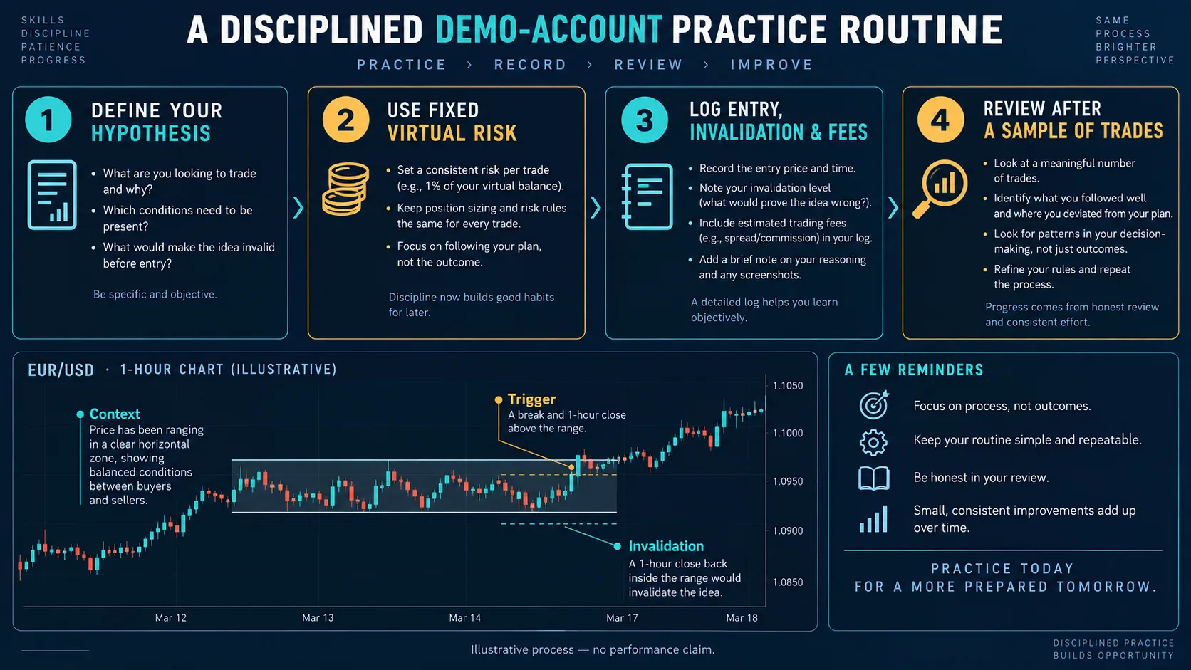 How to Open a Forex Demo Account: A Safe Setup and Practice Workflow Illustrative demo-account practice routine with context, trigger and invalidation