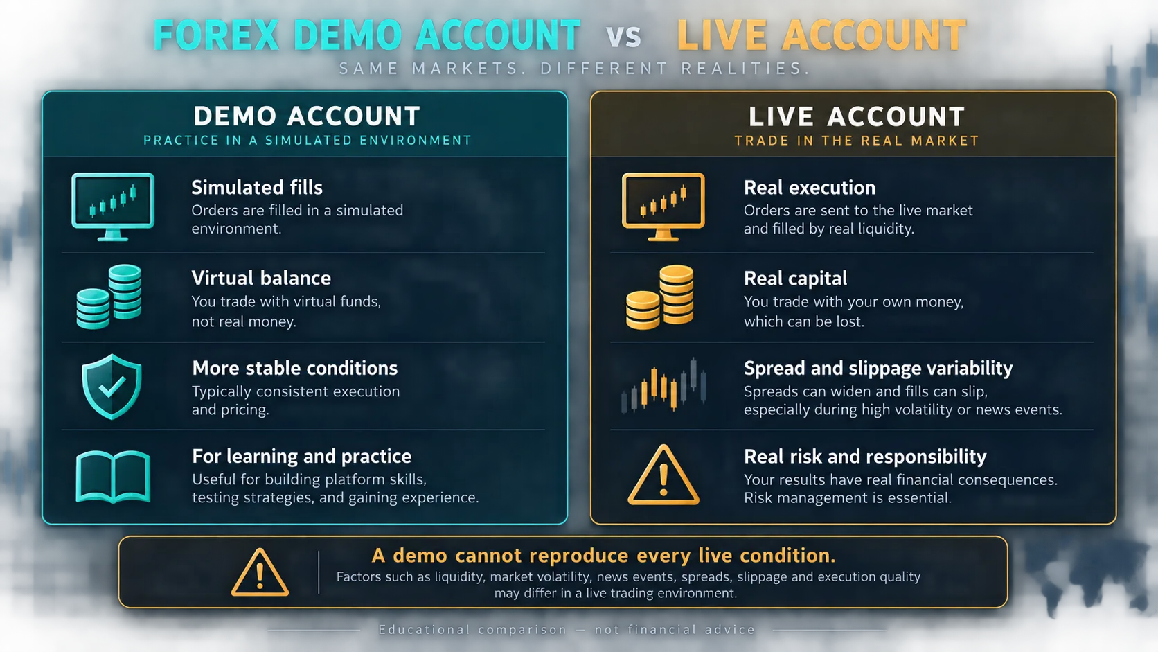 How to Open a Forex Demo Account: A Safe Setup and Practice Workflow Illustrative comparison of demo and live Forex execution conditions