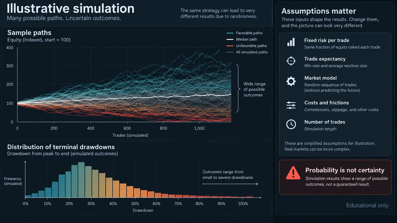Risk of Ruin in Trading: How Risk, Expectancy and Drawdown Interact Illustrative Monte Carlo paths and drawdown distribution showing why risk of ruin depends on assumptions